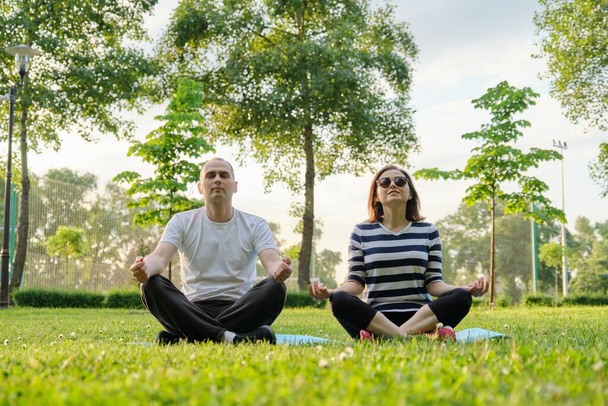 Couple, man and woman sitting in park on mat in lotus position and meditating. Yoga, fitness, active healthy lifestyle in middle-aged people - Foto, Imagem
