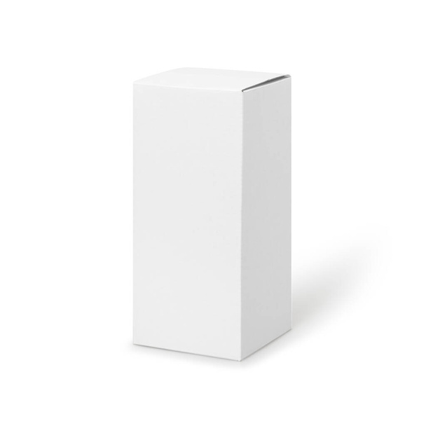 Białe pudełko produkt wysoki kształt opakowania w widoku z przodu izolowane na białym tle ze ścieżką wycinania. - Zdjęcie, obraz