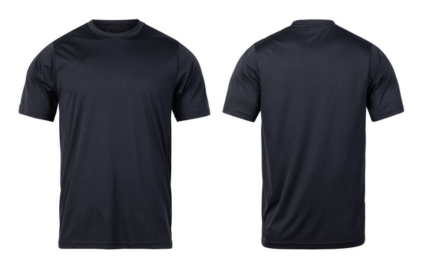 Camisetas deportivas negras simulan vista frontal y trasera aisladas sobre fondo blanco con ruta de recorte
. - Foto, Imagen