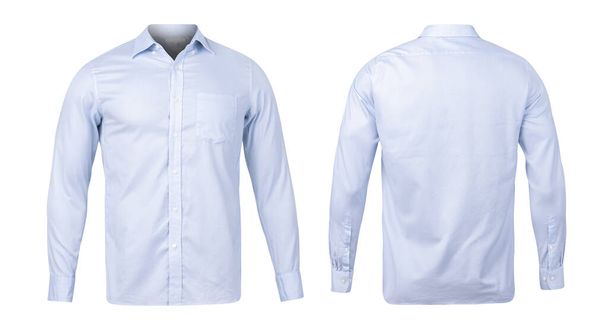 Деловая или официальная синяя рубашка, вид спереди и сзади макет изолирован на белом фоне с вырезкой пути
. - Фото, изображение