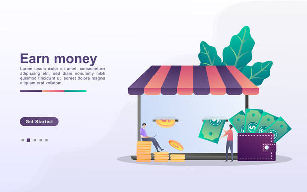 Vektorillustration des Earn Money-Konzepts, Erhalt von Geldpreisen aus dem E-Commerce, Belohnungsprogramme für Kunden. - Vektor, Bild