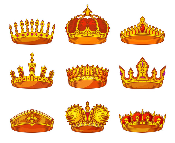 Royal golden crowns, sketch heraldic icons vector - Vecteur, image
