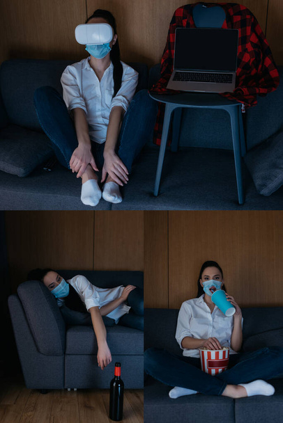 collage of depressed woman in medical mask using vr headset near laptop with blank screen, lying on sofa near wine bottle, watching tv with popcorn and soda - Foto, immagini