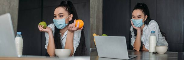collage of young woman in medical mask looking at laptop and holding fruits during video chat - Photo, Image