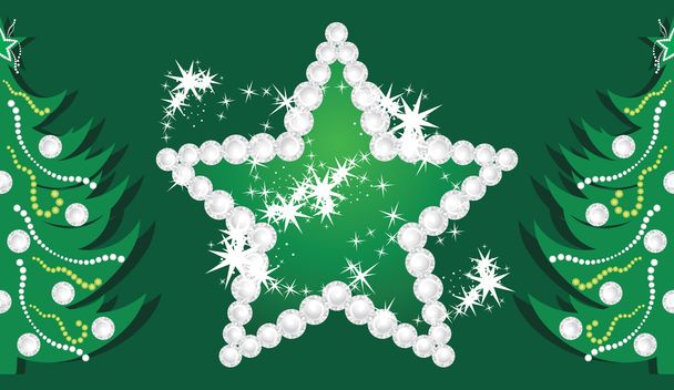 Shining star and Christmas trees on the dark green background - Vecteur, image