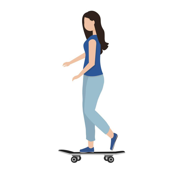 Woman riding on skateboard in flat style isolated on white background stock vector illustration. Sport and health lifestyle concept. Attractive and sportive character - Vettoriali, immagini