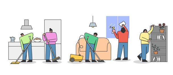 清掃サービスの概念。清掃員。男性と女性の真空、床を掃除し、ほこり。部屋でぬれた掃除をするキャラクター。漫画リニアアウトラインフラットベクトルイラスト - ベクター画像