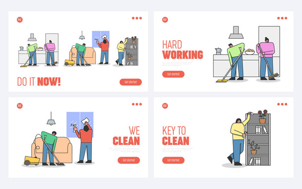 Professional Cleaning Service Concept. Website Landing Page. Men And Women Vacuuming, Sweep Floor, Dusting. Staff Doing Housework. Web Page Cartoon Linear Outline Flat Style. Vector Illustrations Set - Vector, Image