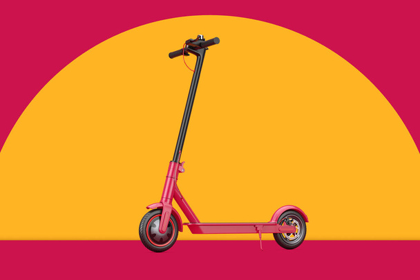 Red Modern Eco Electric Kick Scooter on a rede and yellow background. 3d Rendering - Photo, Image