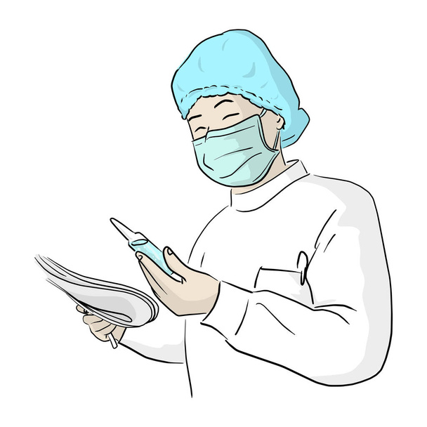 lekarz z bezpieczną maską chirurgiczną trzymającą fiolkę z lekiem i drugą ręką trzymającą papier wektor ilustracja szkic doodle ręka narysowana na białym tle - Wektor, obraz