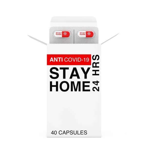 Anticovid-19 Stay Home Kapseln in Blisterverpackung mit Kartonverpackung auf weißem Hintergrund. 3D-Darstellung - Foto, Bild