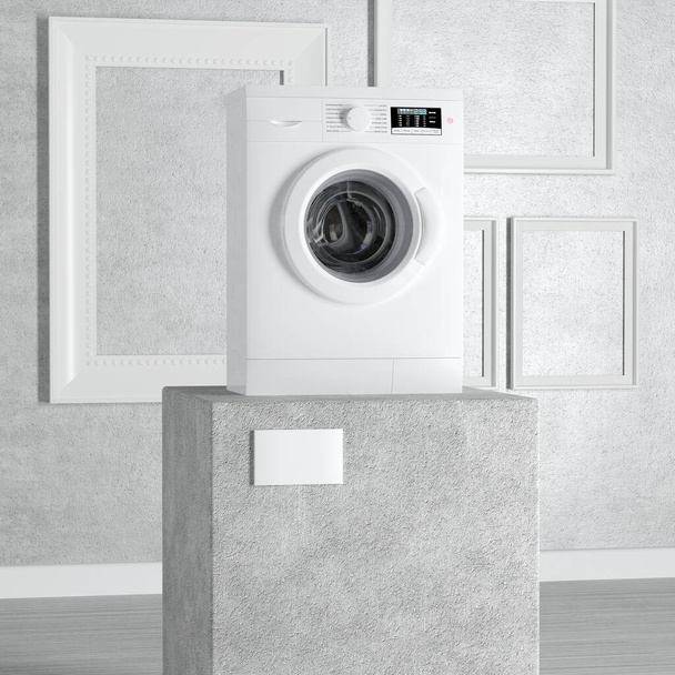 Modern White Washing Machine over Pedestal, Stage, Podium or Column in Art Gallery or Museum on a white background. 3d Rendering - Photo, image