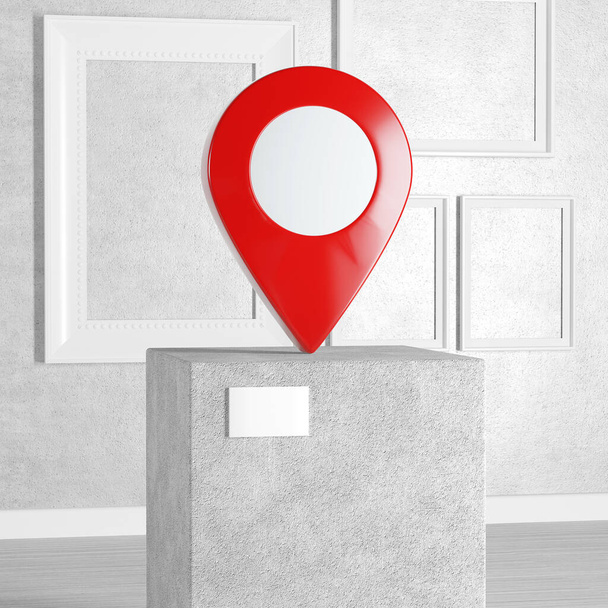 Red Map Pointer Pin over Pedestal, Stage, Podium or Column in Art Gallery or Museum on a white background. 3d Rendering - Photo, Image