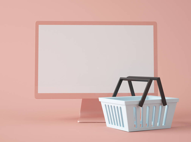 3D Illustration. Computer display with blank screen and shopping basket on isolated background. Shop online concept. - 写真・画像