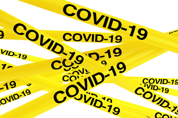 COVID-19検疫区域白い背景に黄色いテープストリップ。3Dレンダリング - 写真・画像