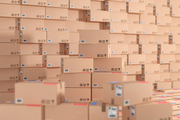 Concepto de Logística, Distribución y Entrega. Los paquetes de cartón y cajas de paquetes se apilan en el almacén como primer plano extremo de fondo. Renderizado 3d
 - Foto, imagen