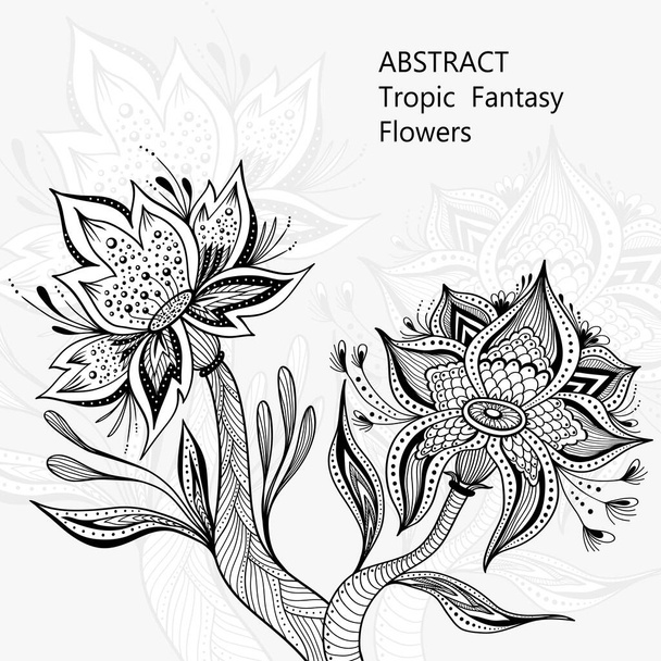 Šablona z abstraktního tance Tropické fantasy květiny v černobílých barvách pro zbarvení stránky nebo omalovánky nebo pro dekoraci různých věcí nebo pro kreativní pohlednice - Vektor, obrázek