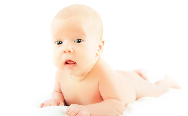 happy naked newborn baby on white background - Photo, Image