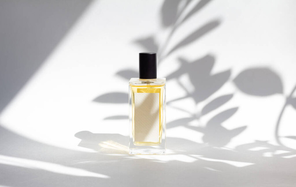 Egy üveg esszencia parfüm fehér háttérrel, napfénnyel és levelek árnyékával. Minimális stílusú parfümminta - Fotó, kép