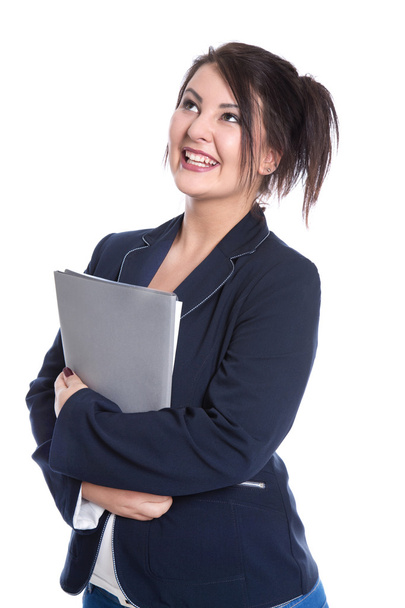 Portrait of young smiling business woman holding documents. - Zdjęcie, obraz
