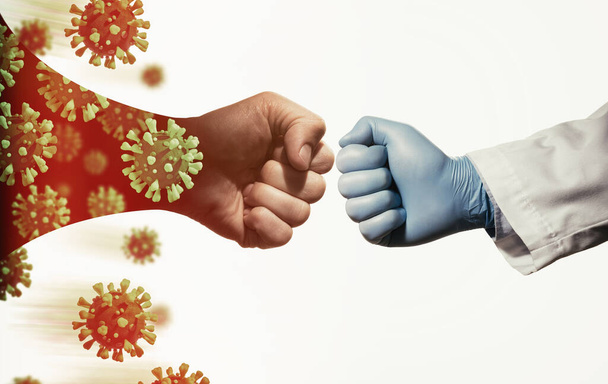 Борьба с коронавирусом. Битва с кулаками между докторами и коронавирусом. Концепция
 - Фото, изображение