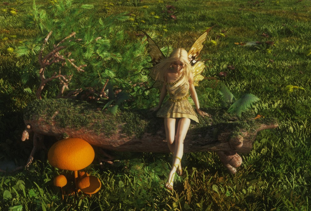 Fairy zittend op een mossy logboek - Foto, afbeelding