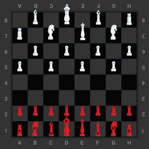 A piros oldalsó sakk COVID-19 és fehér oldalsó kopás maszk és tartsa a távolságot stratégia egy fórumon tartózkodik egymás előtt. Szimbolizálja a társadalmi távolságtartó koncepciót, hogy megakadályozza a koronavírus terjedését. Vektorillusztráció - Vektor, kép