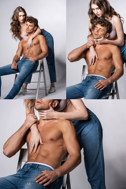 collage of attractive young woman touching handsome and shirtless man in jeans sitting with hand in pocket on grey  - Fotoğraf, Görsel