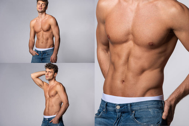 collage of muscular man in blue denim jeans standing with hands in pockets on grey  - Foto, Imagem