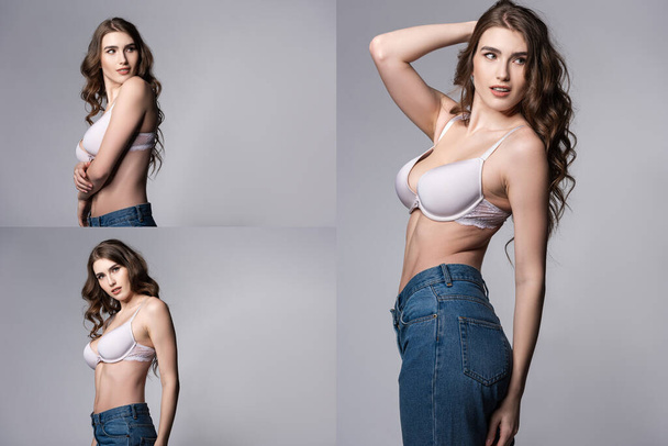 collage of seductive girl in lingerie and jeans standing on grey  - 写真・画像