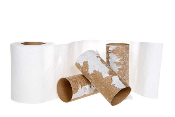 Rolle Toilettenpapier mit davor gestapelten leeren Rollen isoliert auf weißem Papier. - Foto, Bild