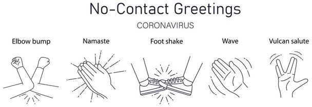 No-Contact Greetings. Greeting hit your elbow. Elbow bump. Safe greetings. Methods to prevent transmission of infection, virus, coronavirus, influenza. Coronavirus epidemic protective equipment. No handsh. Flat vector - Vector, Image