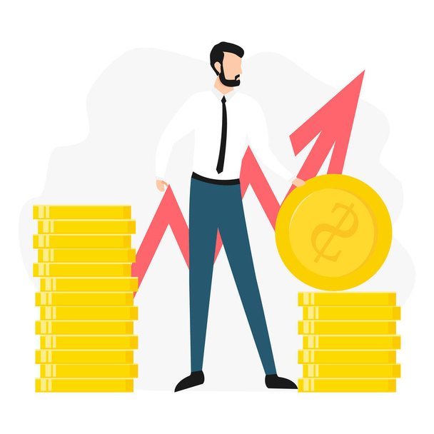 Businessman with coins vector illustration isolated on white background. Arrow growth. - Vector, Image