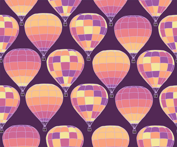 Seamless repeating pattern of aerostat on dark purple background - Vector, Imagen