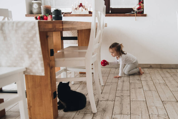 Family in a big house. Lifestyle Home comfort. Children at home. The girl is catching up with a black cat. Pet. - Фото, изображение