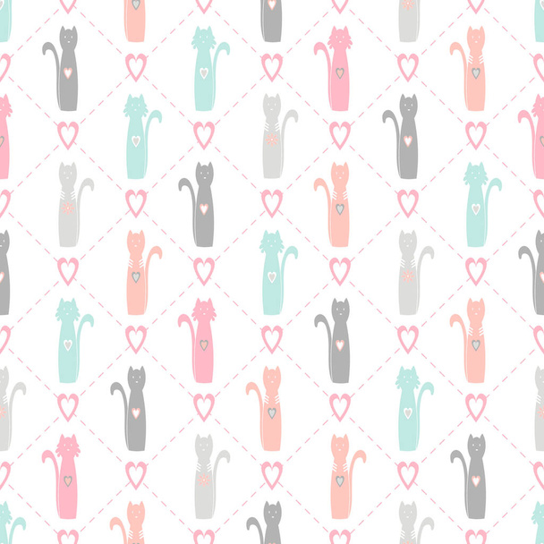 Απρόσκοπτη Διάνυσμα Μοτίβο με αστείες παστέλ χρωματιστές γάτες με καρδιές για διακόσμηση, εκτύπωση, ύφασμα, ύφασμα, γραφική ύλη, κάρτα - Διάνυσμα, εικόνα
