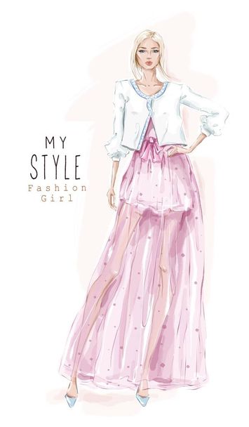 Hand drawn beautiful young woman in pink skirt and jacket. Stylish girl. Fashion woman look. Sketch. Fashion illustration. - Valokuva, kuva