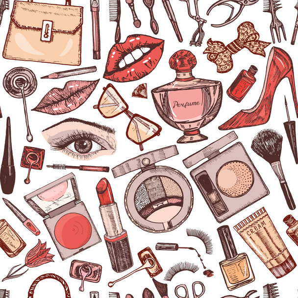 Cosmetics for Makeup seamless pattern for background. Doodle A collection of female products. Decorative Elements for a beauty salon. Hand drawn vintage engraved sketch. Outline stickers. Eye Lips. - Vector, Image