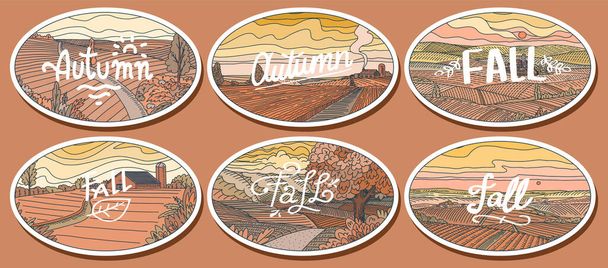 Rural landscapes stickers set. Farm field and cabin. Agriculture and Vineyard. Green hills, meadows and mountains background for banner or web. Vector illustration. Hand draw engrave vintage sketch.  - Vector, Image