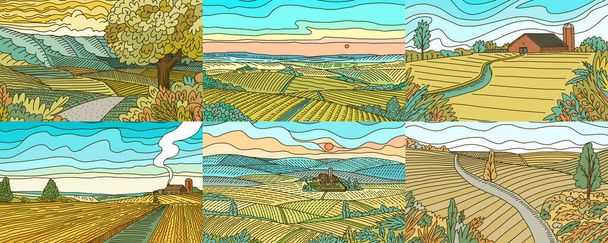 田舎の山の風景。農地が設定されます。農業とブドウ園。緑の丘や牧草地、バナーやウェブのための国の背景。ベクトルイラスト。パノラマビュー。手描き版画ヴィンテージスケッチ - ベクター画像