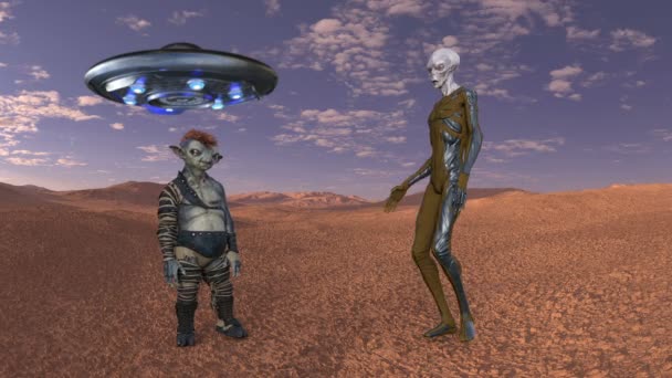 UFO 'nun arka planına karşı konuşan iki uzaylı, animasyon - Video, Çekim