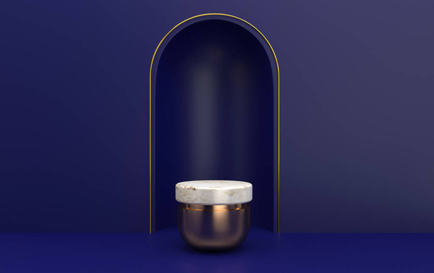 Arc with a marble pedestal in blue colors, cylindrical gold platform, minimal portal with gold frame, 3d rendering, scene with geometrical forms, minimal abstract background - Photo, image
