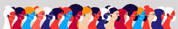Multicultural group of people in medical masks - Vector, Image