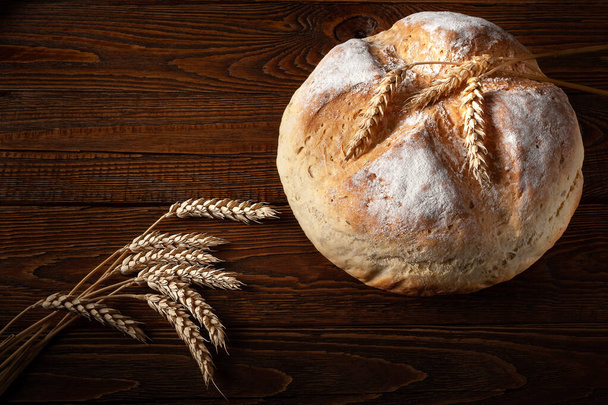 Homemade fresh bread. Loaf of round peasant bread and spikelets of wheat on a wooden background. Homemade baking.  - Фото, зображення