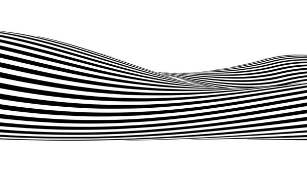 Optikai illúziós hullám. Absztrakt 3D-s fekete-fehér illúziók. Vízszintes vonalak csíkok minta vagy háttér hullámos torzító hatással. - Vektor, kép