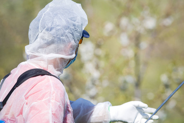 Homem de terno protetor pulverizando árvores na primavera
  - Foto, Imagem