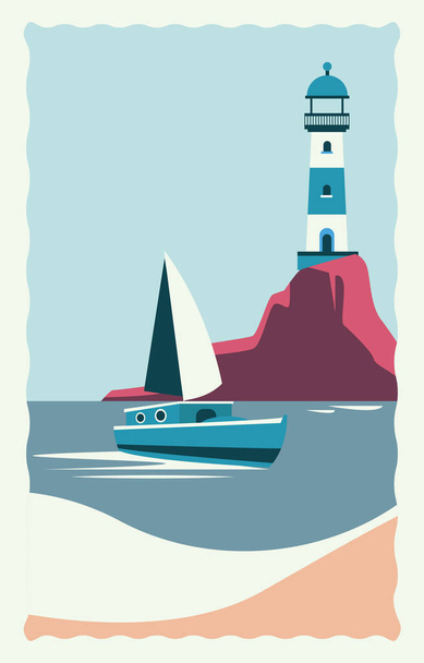 灯台と帆船が浮かぶ海の風景 - ベクター画像