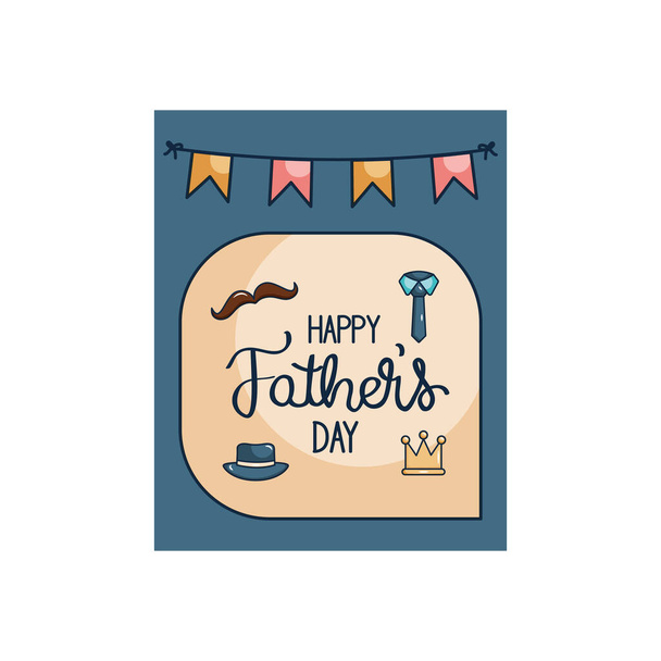 Glückliche Vatertagskarte mit Schnurrbart und verwandten Symbolen und dekorativen Wimpeln - Vektor, Bild