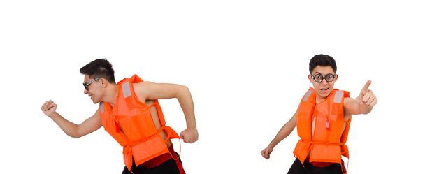 Смешной человек в оранжевом спасательном жилете - Фото, изображение