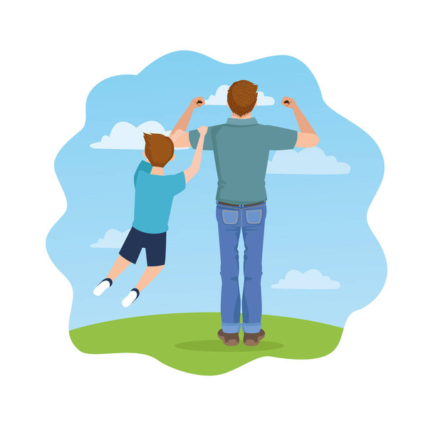 fathers day card with dad carrying son characters - Vector, Image